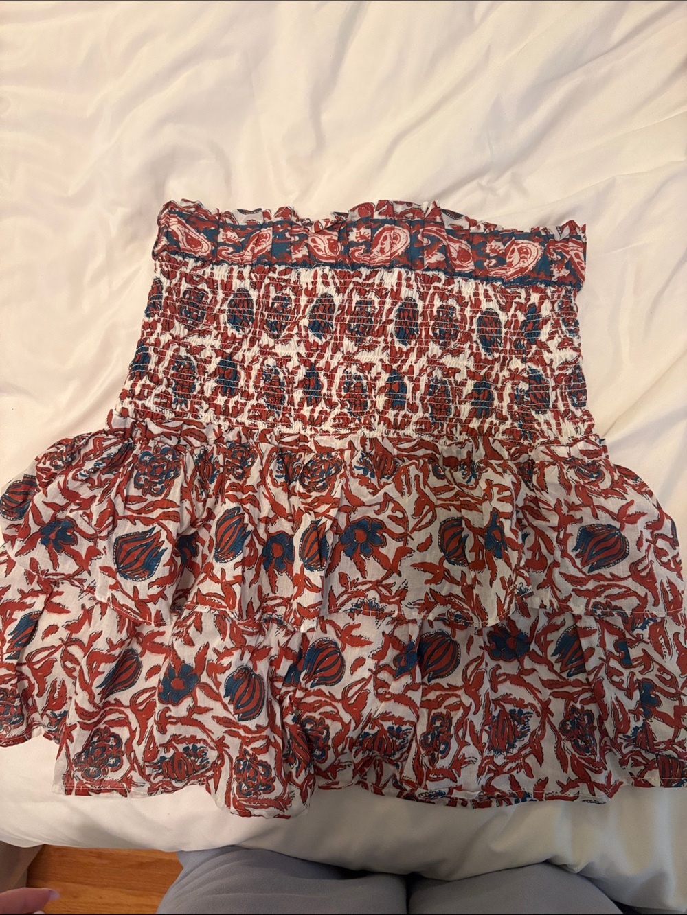 House of Harlow 1960 Red, Blue and White Smocked Floral Mini Skirt